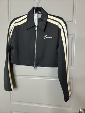 Cernucci Black Cropped Zip Track Jacket with Cream Stripes